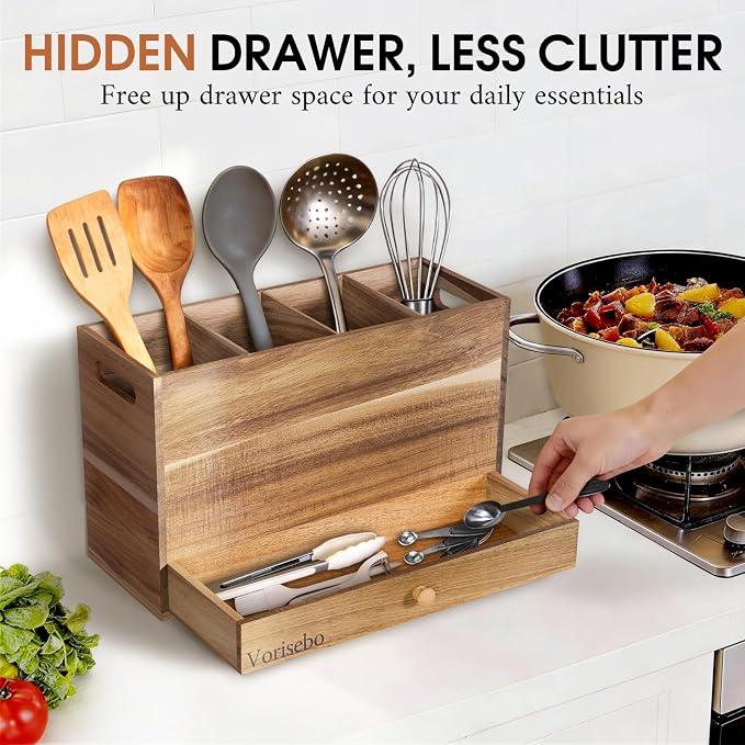 Acacia Wood Kitchen Utensil Holder - Image 2