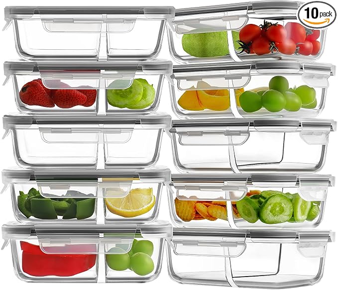 HOMBERKING 10 Pack 24oz Glass Meal Prep Containers 2 Compartment, Glass Food by HOMBERKING