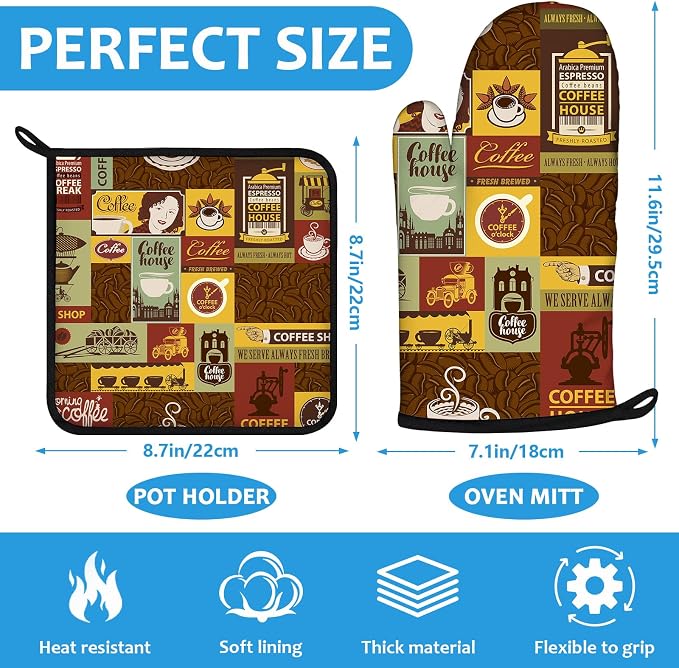 Coffee Theme Oven Mitts and Pot Holders Sets Heat Resistant 4Pcs Potholders - Image 2