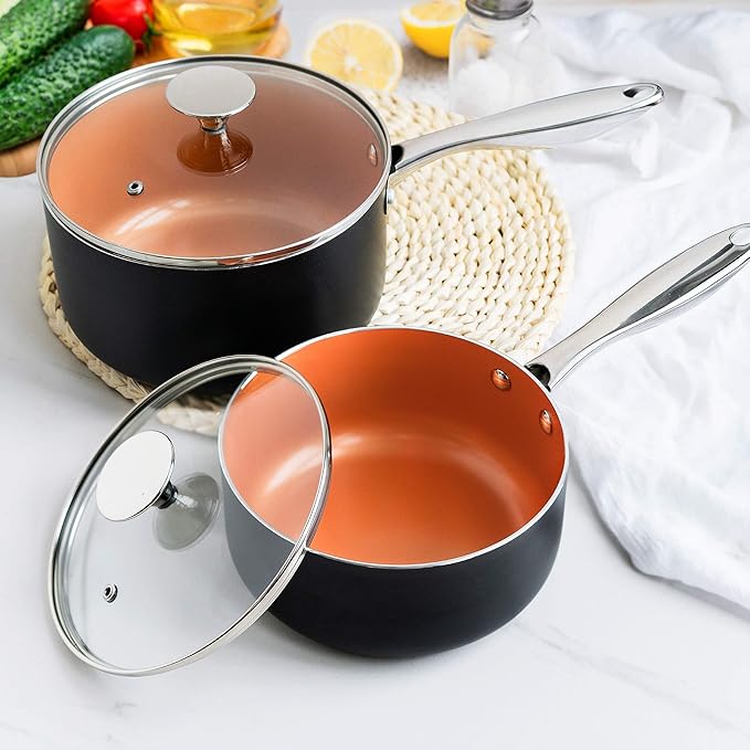 MICHELANGELO Nonstick 1Qt & 2Qt Copper Sauce Pan Set - Image 6