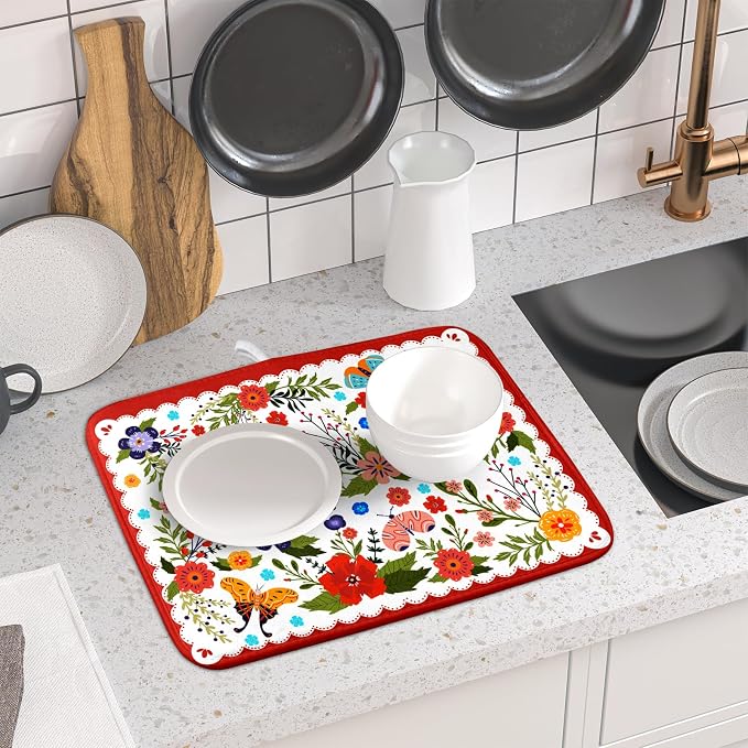 Flowers Printed Dish Drying Mat Floral Coffee Mat - Image 6