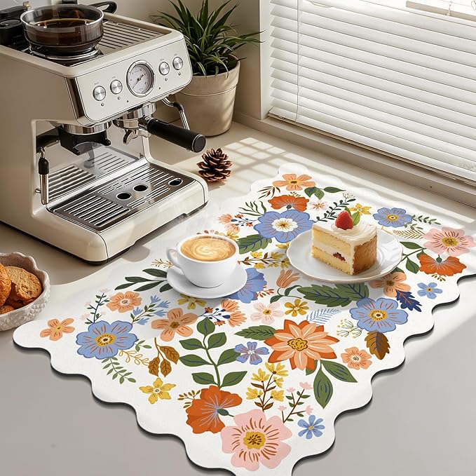 LOKHOM Scalloped Floral Dish Drying Mat, Cuttable Hide Stain Non-slip Drying Mat - Image 4
