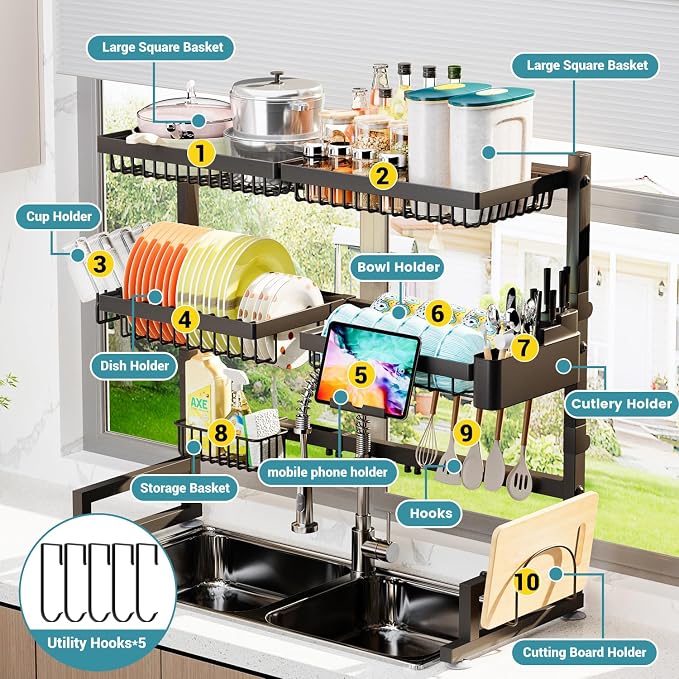 ADBIU Over The Sink Dish Drying Rack Snap-On Design 2 Tier Large Dish Rack) - Image 6