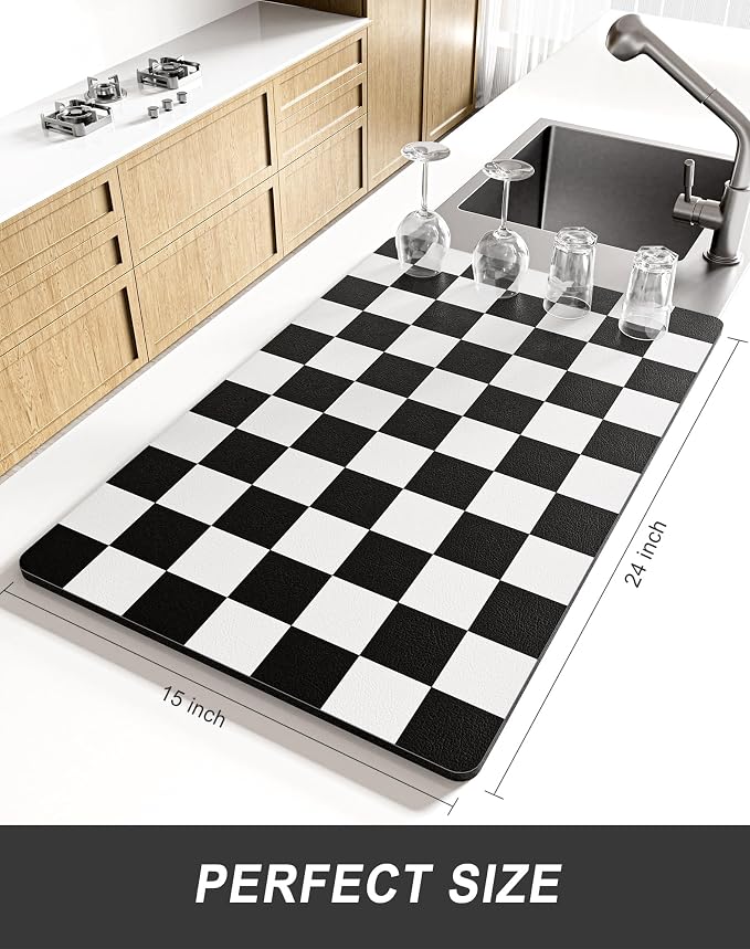Rnivvi Dish Drying Mat for Kitchen Counter, XL 15 x 24" Cute Checkered - Image 2