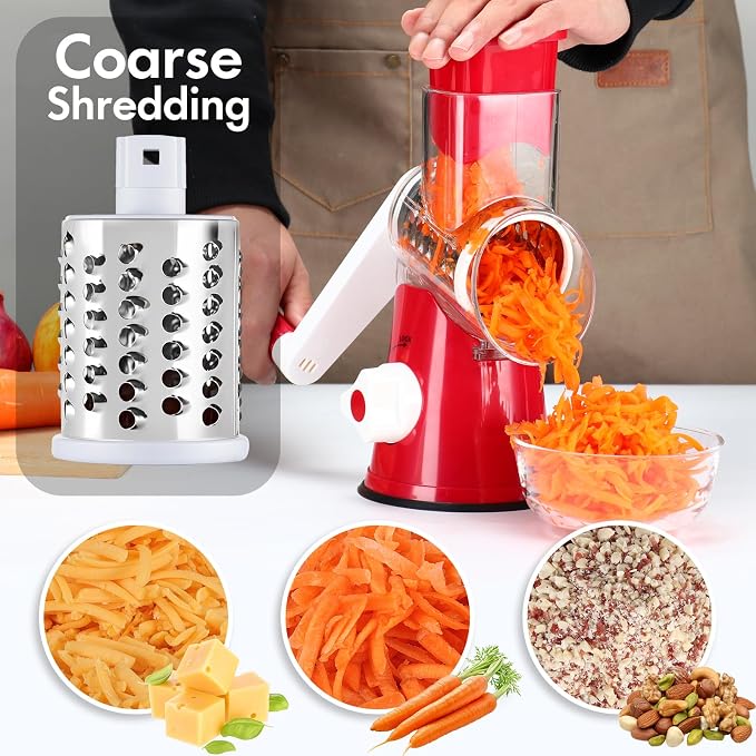 Rotary Cheese Grater Shredder, Speed Kitchen Manual Round Mandolin Slicer Safe - Image 3