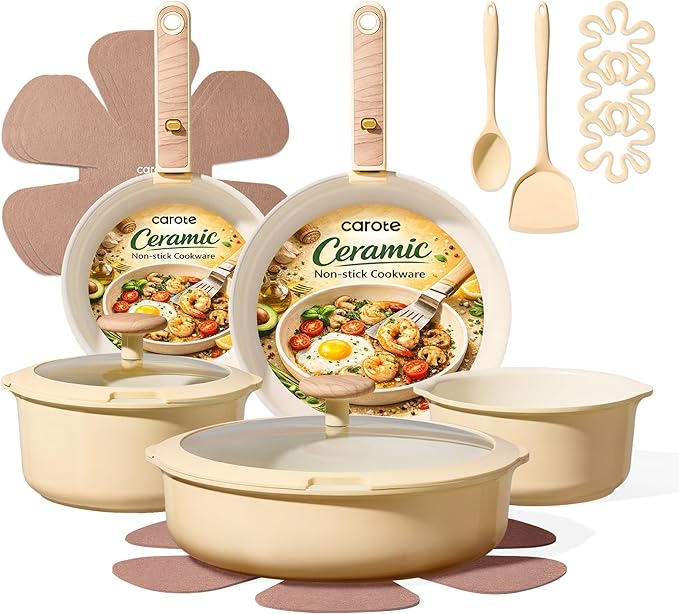 CAROTE 18 Pcs Ceramic Cookware Set Detachable Handle, Non Toxic Pots and Pans by CAROTE