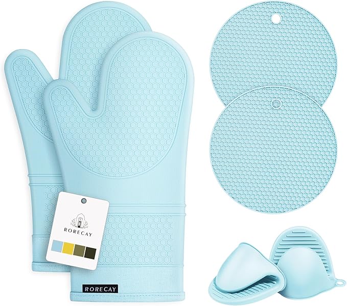 Rorecay 6pcs Oven Mitts and Pot Holders Sets, Extra Long Silicone Oven Gloves by Rorecay