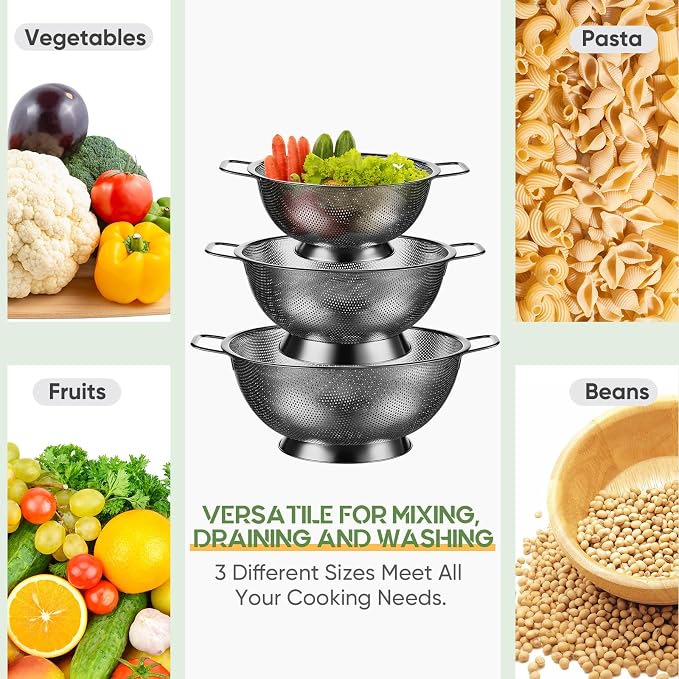 Bokon 3 Pcs Stainless Steel Colander Set Colander Bowl and Sieves 1/3/5 Quart - Image 6
