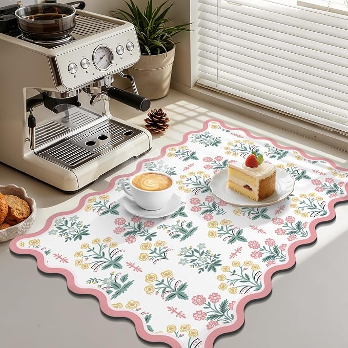 LOKHOM Scalloped Floral Dish Drying Mat, Cuttable Hide Stain Non-slip Drying Mat - Image 4