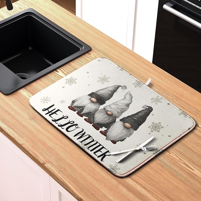 Winter Gnome Dish Drying Mat for Kitchen Counter 18x24 Christmas Snowflakes - Image 6