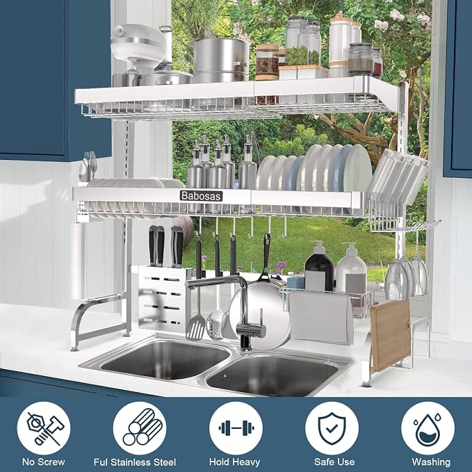 Over The Sink Dish Drying Rack, 3 Tier Adjustable Length Full Stainless Steel - Image 2