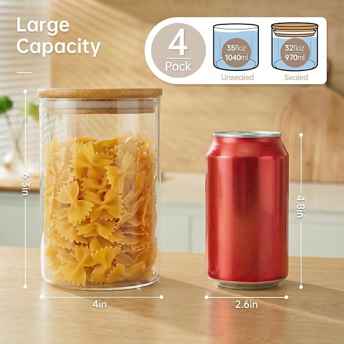 32oz - 4 Pack Glass Jars with Bamboo Lids, Glass Pantry Storage Containers with - Image 3