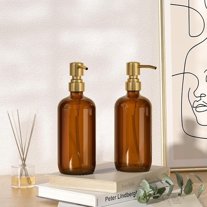 AmazerBath Amber Glass Soap Dispenser, 2 Pack Vintage Brown Bottle - Image 8