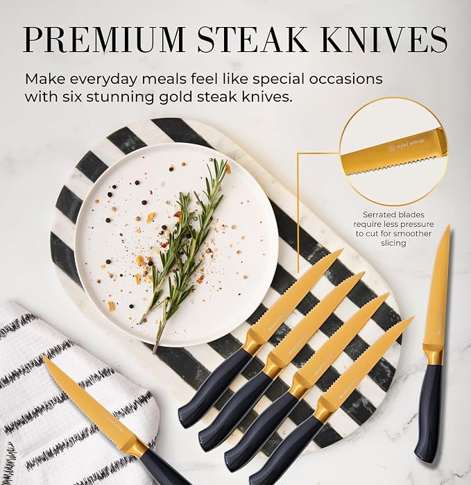 Black and Gold Knife Set with Block and Sharpener – 14-Piece Full Tang Golden - Image 6