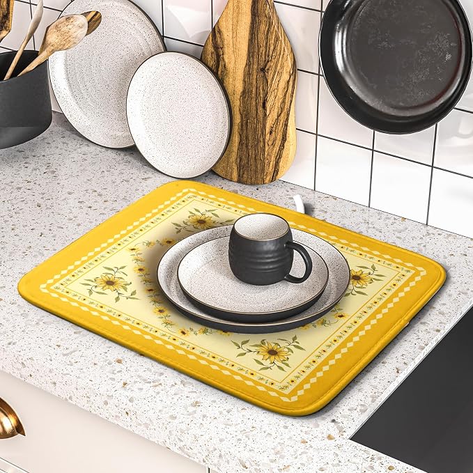 Giwawa Sunflower Bee Dish Drying Mat, Summer Rustic Sunshine Floral Dish - Image 5