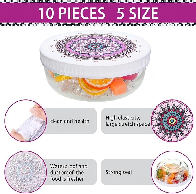 Patelai 10 Pcs Bowl Covers Reusable in 5 Size Stretch Cloth Fabric Elastic Food - Image 3