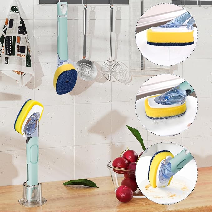 Dish Brush with Soap Dispenser Storage Set with 2 PCS Sponge Refills & Holder - Image 7
