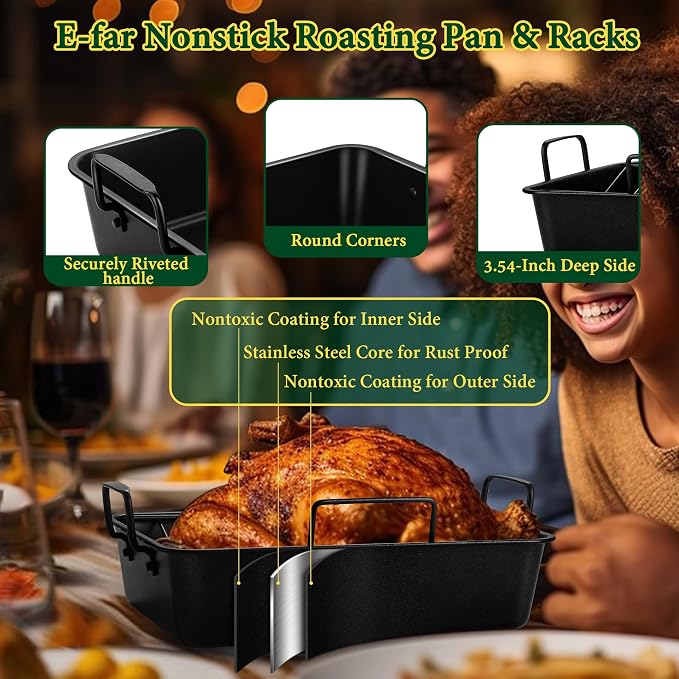 E-far Roasting Pan with Racks, Small Stainless Steel Turkey Roaster with - Image 3