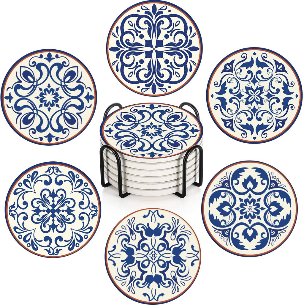 Coasters for Drinks, Set of 6, Ceramic Stone Vintage Blue