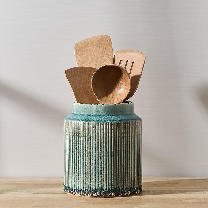 JIEMEI HOME Kitchen Utensil Holder, 6.77" Ceramic Farmhouse Stable Utensil Crock by JHJIEMEIHOME