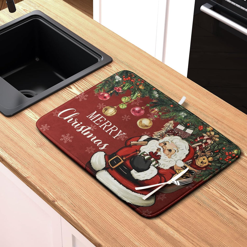 Merry Christmas Dish Drying Mat Santa Claus Kitchen Drainer Mats