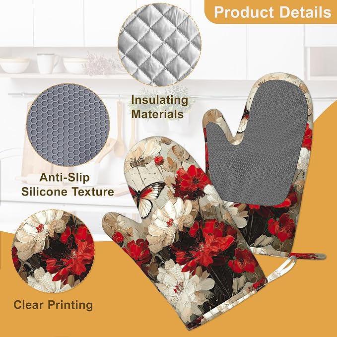 Oven Mitts and Pot Holders White Red Flower Silicone Kitchen Accessories Set of - Image 3