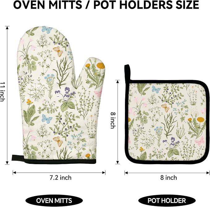 Vintage Wild Floral Oven Mitts and Pot Holders Sets Green Botanical Butterfly - Image 2