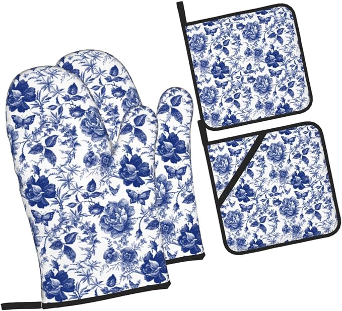 Blue and White Porcelain Floral Butterfly Oven Mitts and Pot Holders Set of 4 - Image 8
