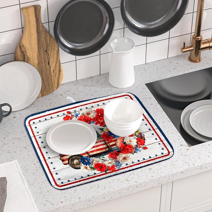 American Flag Dish Drainer Mat Flowers Absorbent Dish Rack Pad - Image 6