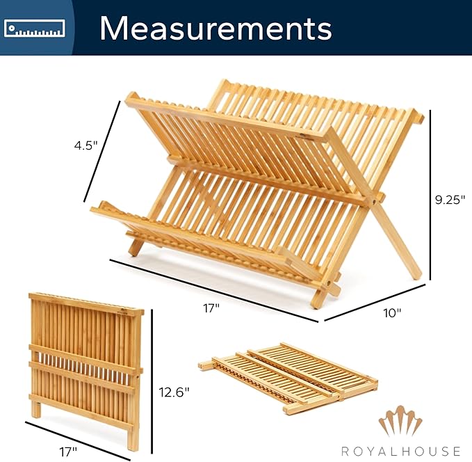 RoyalHouse Premium Natural Bamboo Dish Rack, Collapsible Dish Drainer, Foldable - Image 6