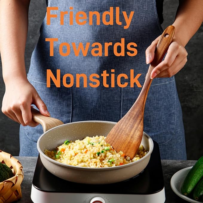 Teak Wooden Spoons for Cooking:6 Piece Wood Kitchen Utensils Set, Comfort Grip - Image 4