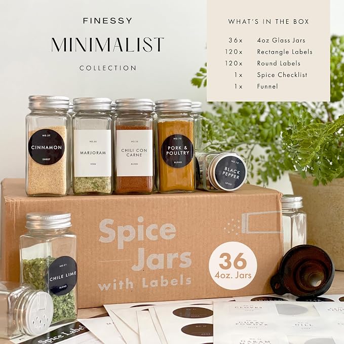 Glass Spice Jars with Labels with Metal Lids and Shakers Minimalist 36 Pack Set - Image 3