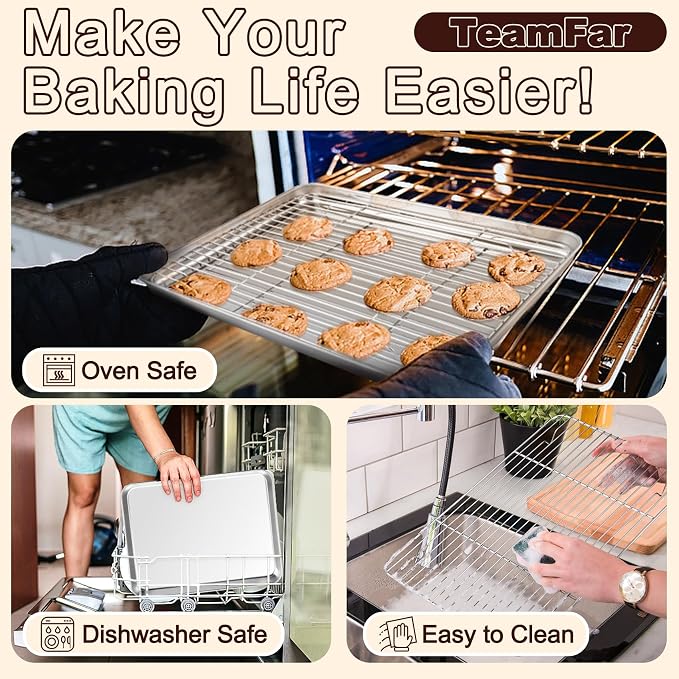 TeamFar Baking Sheet with Rack Set, 17.6/12.5/10.5 Inch Stainless Steel Cookie - Image 5