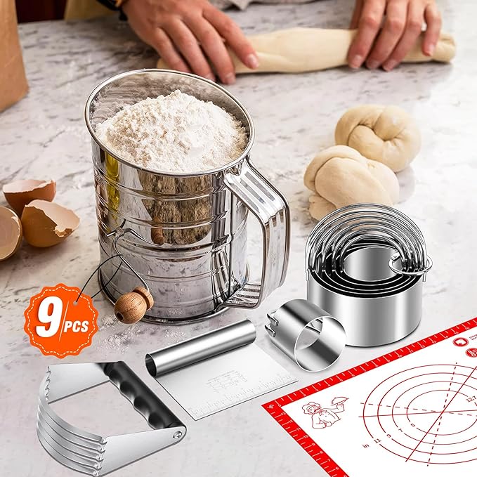 9PCS Stainless Steel Pastry Blender Set, 3 Cup Flour Sifter, Biscuit Cutter - Image 3