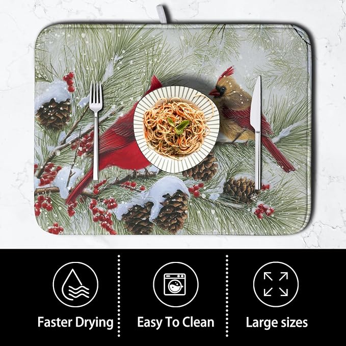 Winter Dish Drying Mat for Kitchen Counter 16x18 Inch Christmas Red Birds - Image 4