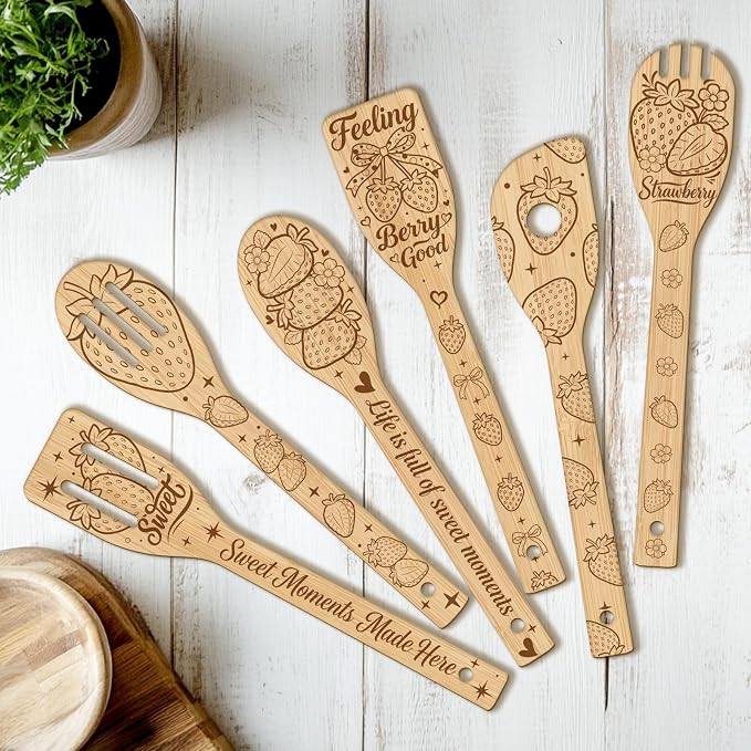 CUTHOLLOW 6PCS Strawberries and Flowers Wooden Kitchen Cooking Utensil Set by CUTHOLLOW