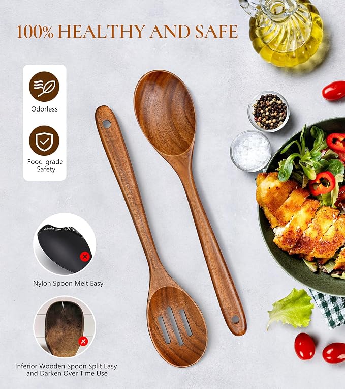 2Pcs Wooden Spoons for Cooking, Natural Premium Teak Wooden Spoon & Slotted - Image 5
