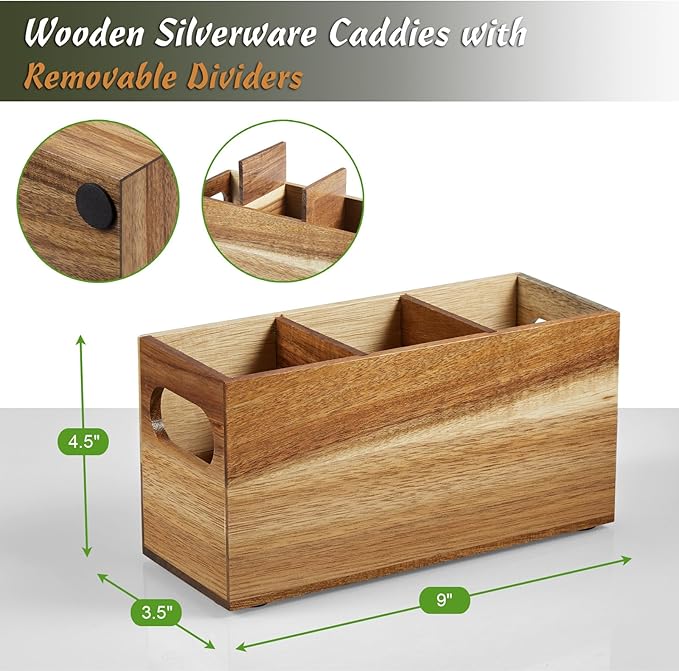 DRASTAR Silverware Holder, Acacia Wooden Utensil Caddy, Cutlery Holder - Image 3