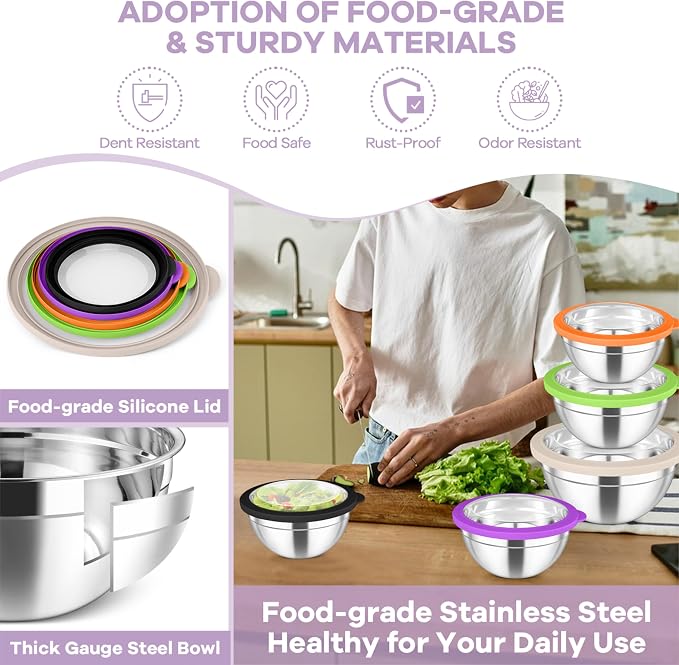 TeamFar Mixing Bowl Set, 4.5/3/1.5/1/0.7 QT Stainless Steel Nesting Salad Bowls - Image 6