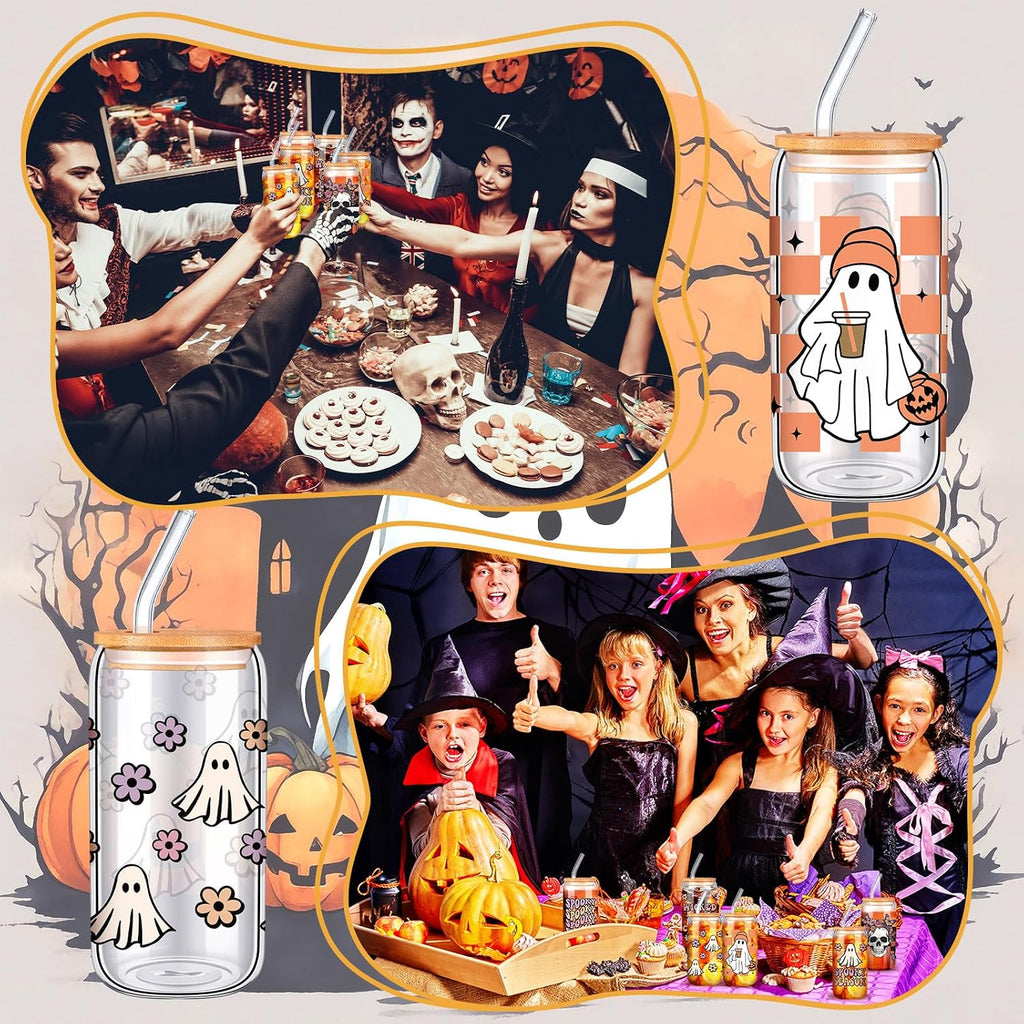 SiliFine 6 Pcs Halloween Glass Cups, 16 oz with Lids and Straws