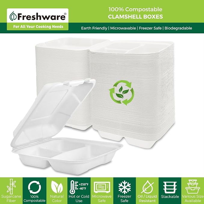Freshware Compostable Clamshell Food Containers 3-Compartment 50-Pack, - Image 2