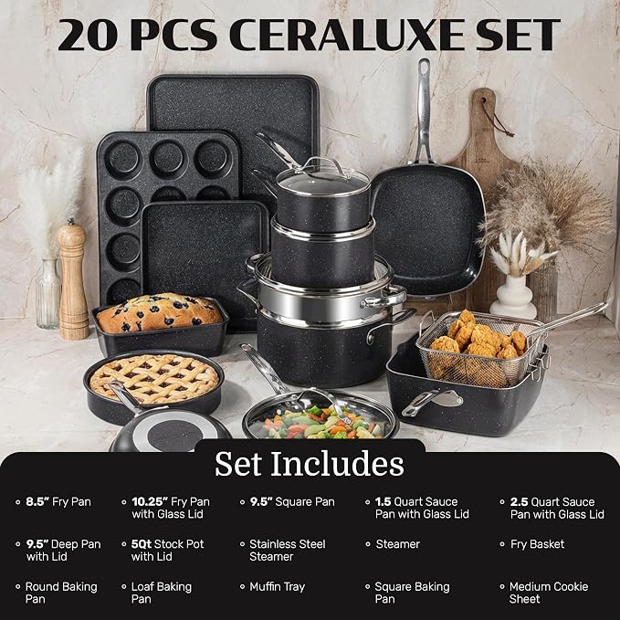 Granitestone Ceraluxe 20 Pc Ceramic Cookware Set Nonstick, Complete Pots and - Image 2