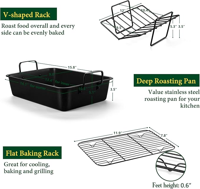 E-far Roasting Pan with Racks, Small Stainless Steel Turkey Roaster with - Image 2