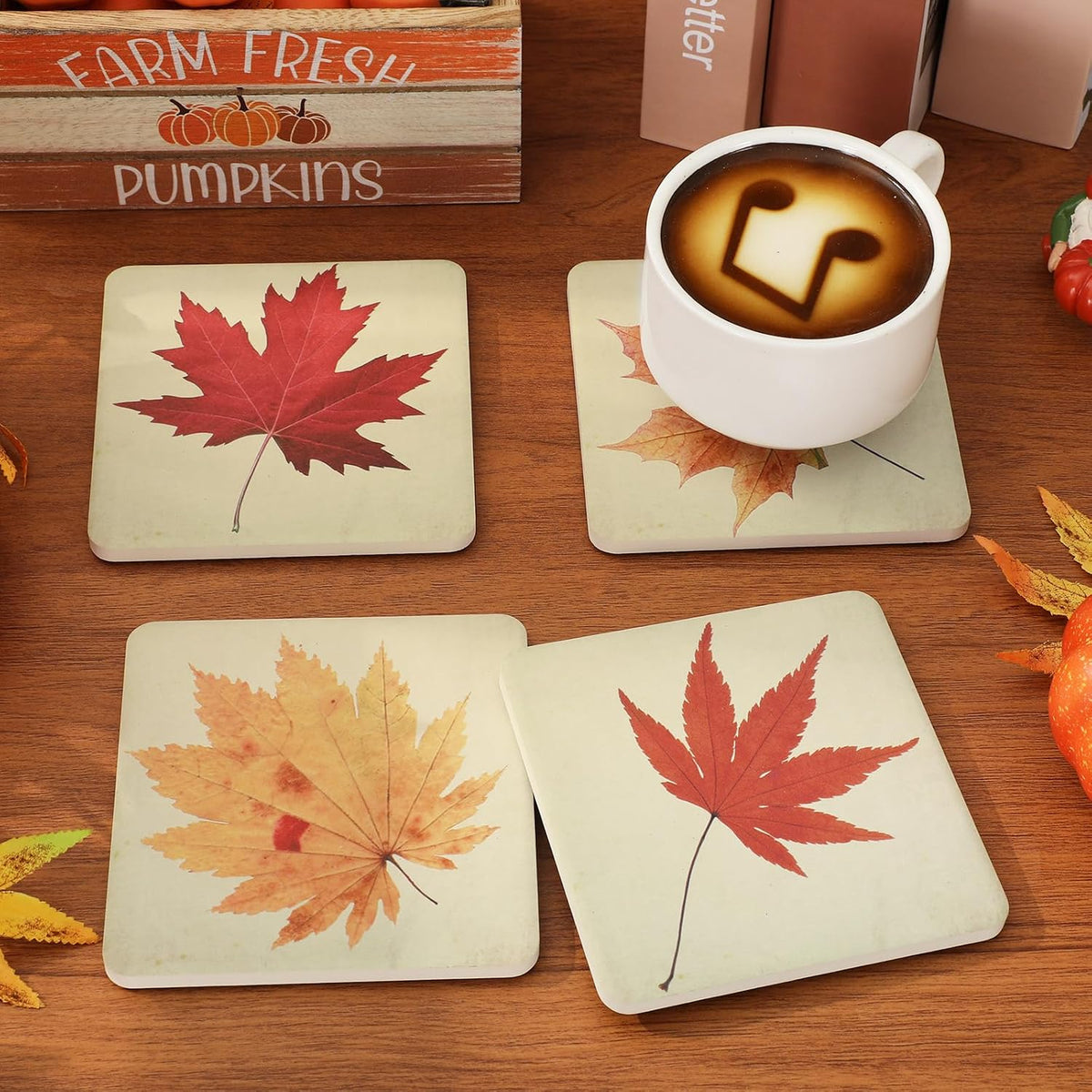 FYSUIMU 4 Pcs Fall Leaves Coasters Autumn Maple Leaf Square Ceramic