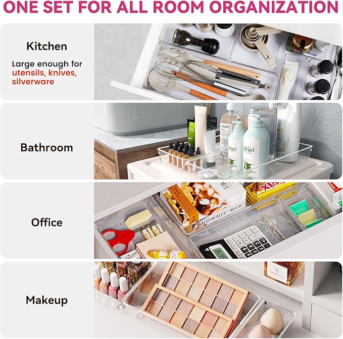 Criusia Large Drawer Organizer Bins 26 Pack | Complete 5 Size Clear Plastic - Image 3