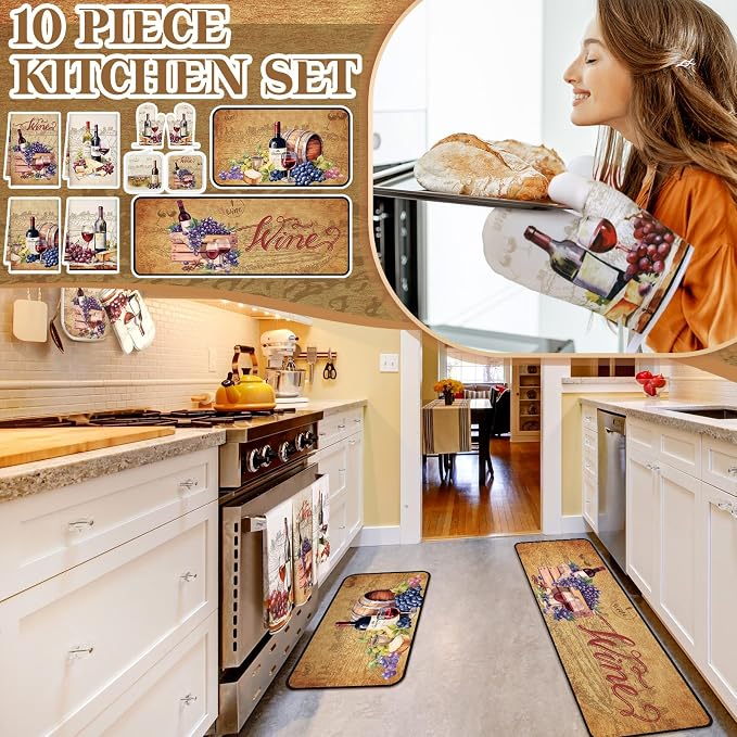 Fourluoo 10 Pcs Wine Kitchen Dish Towels Rugs Oven Mitts and Pot Holders Set - Image 2