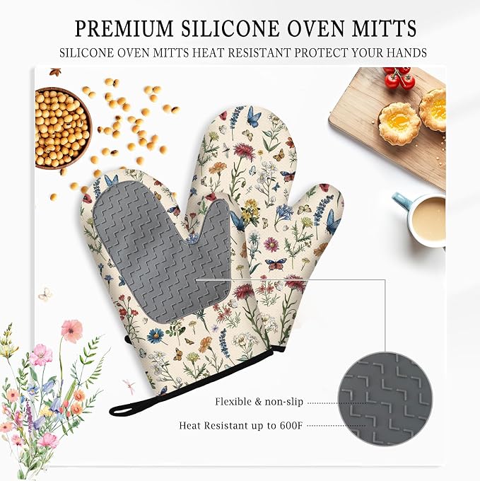 Vintage Floral Oven Mitts and Pot Holders 3Pcs, Retro Floral Silicone Oven - Image 4