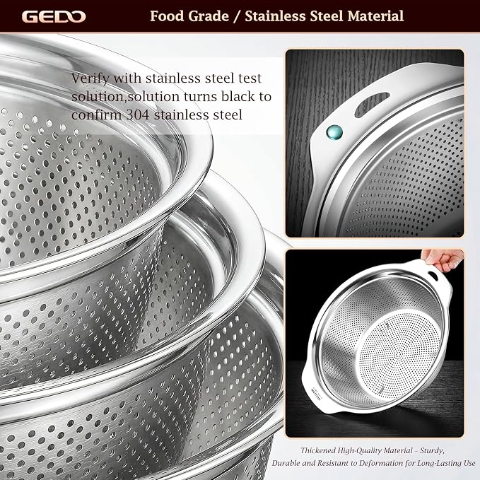 GEDO 304 Stainless Steel Colander Set, 3 Pack Kitchen Food Strainer - Image 4