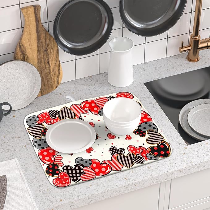 Red Heart Dish Drying Mat 16"x18" Love Dots Microfiber Dish Drainer Rack Mat - Image 6