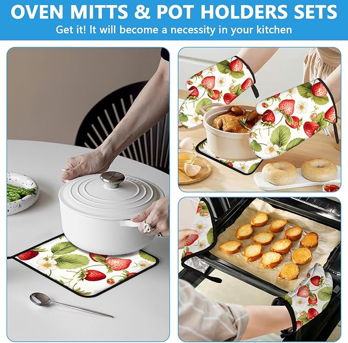Red Strawberry Flower Oven Mitts and Pot Holders Sets Heat Resistant 4Pcs - Image 6
